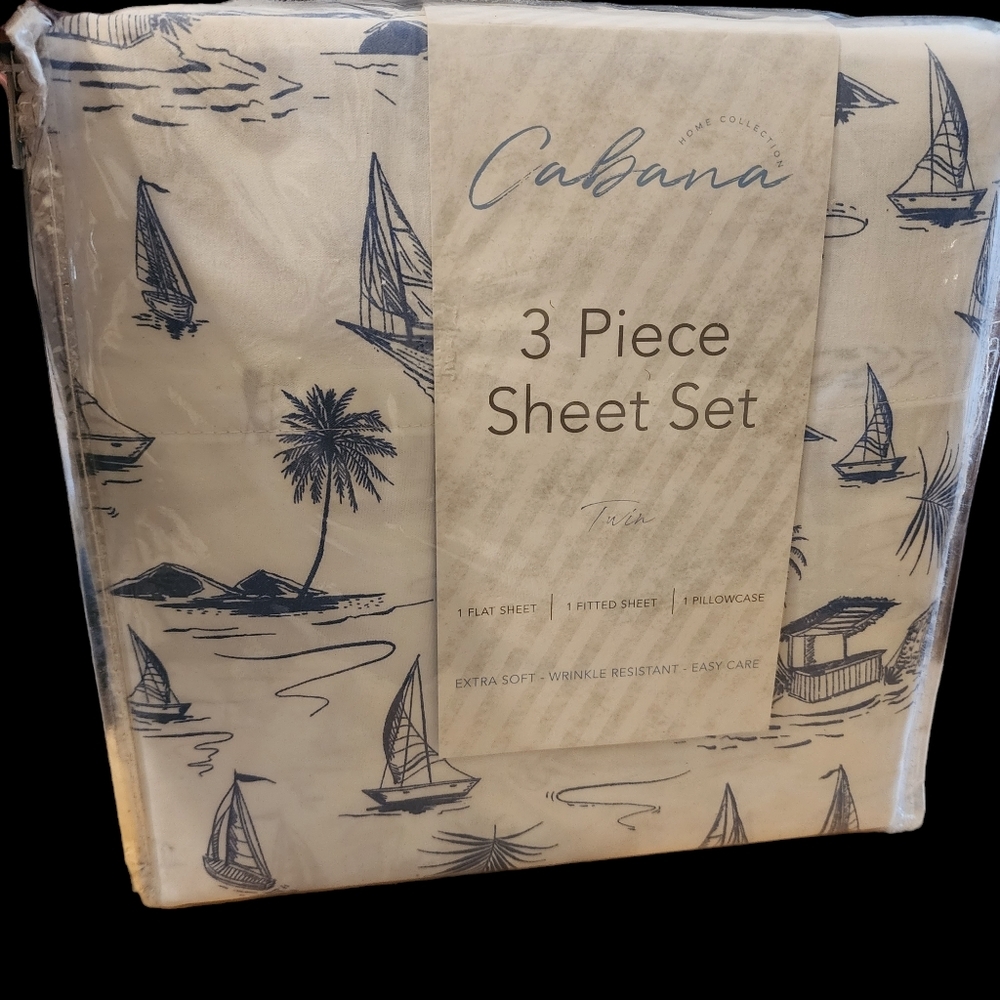 Sailboat 3 pc Twin Sheet Set Blue White  soft Wrinkle  Resistant